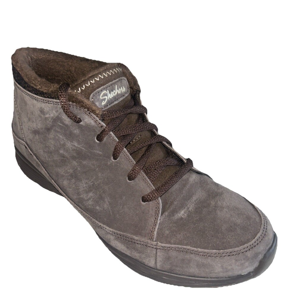Skechers Seager Hi Women 9 Brown Leather Faux Fur Fleece Ankle Lace Up Boot